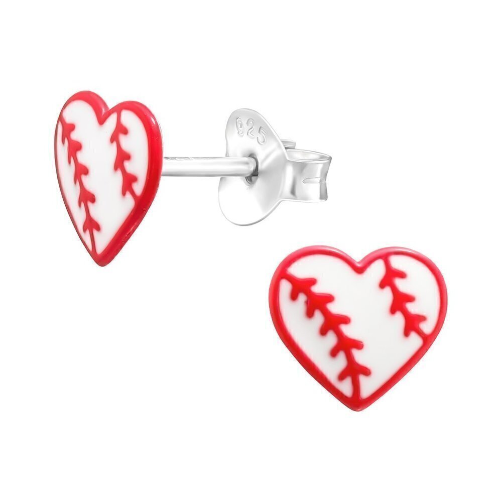 Sterling Silver Red and White Heart Baseball Stud Earrings